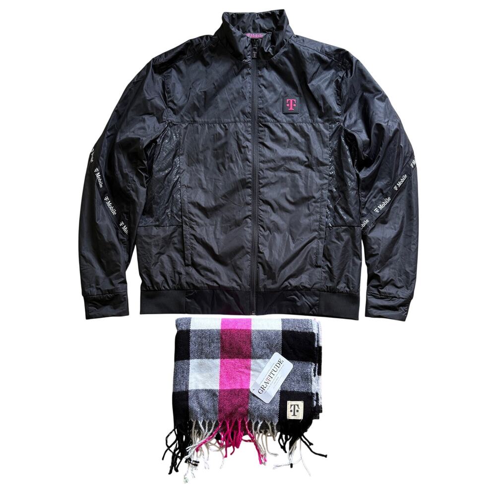 T Mobile Windbreaker Full Zip Jacket Black Pink Employee Medium NEW Winter Scarf